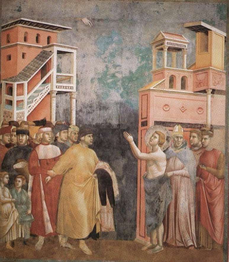 Pintura de Giotto, feita no fim do s&eacute;culo 13, ilustra o momento em que S&atilde;o Francisco desfez-se de suas roupas para assumir a vida junto aos pobres