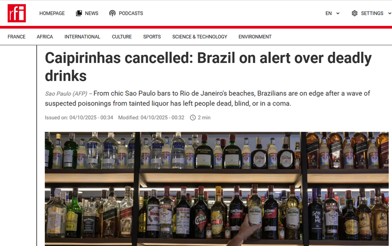 RFI repercute crise de bebidas contaminadas no Brasil