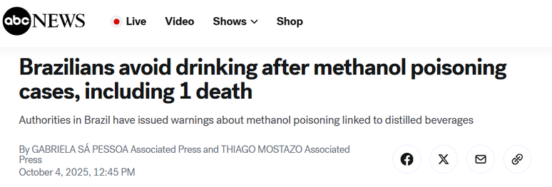 ABC News repercute crise de bebidas contaminadas no Brasil