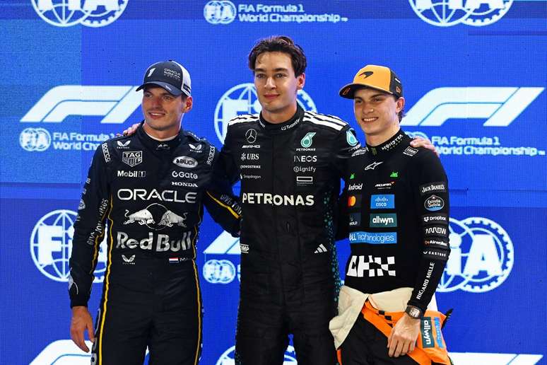 Verstappen, Russell e Piastri: o trio da frente em Singapura