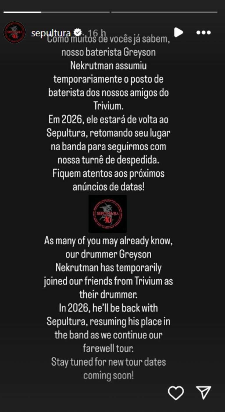 Comunicado do Sepultura a respeito da ida de seu baterista, Greyson Nekrutman, à banda Trivium