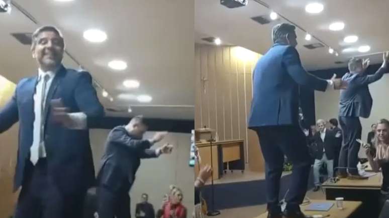 Vereadores foram flagrados dançando em cima das mesas do plenário da Câmara de São Caetano do Sul (SP) Vereadores foram flagrados dançando em cima das mesas do plenário da Câmara de São Caetano do Sul (SP)