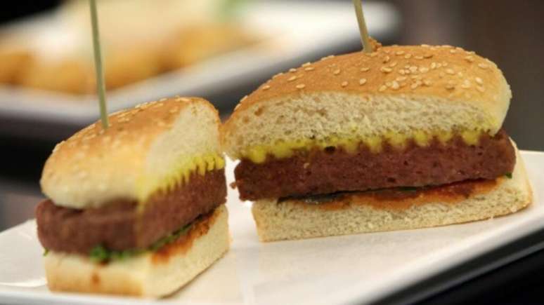 A vegan burger at the international meat industry fair IFFA in Frankfurt