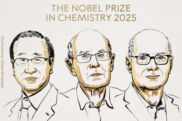 Os cientistas Susumu Kitagawa, Richard Robson e Omar M. Yaghi, em ilustração divulgada pelo Prêmio Nobel de Química 2025