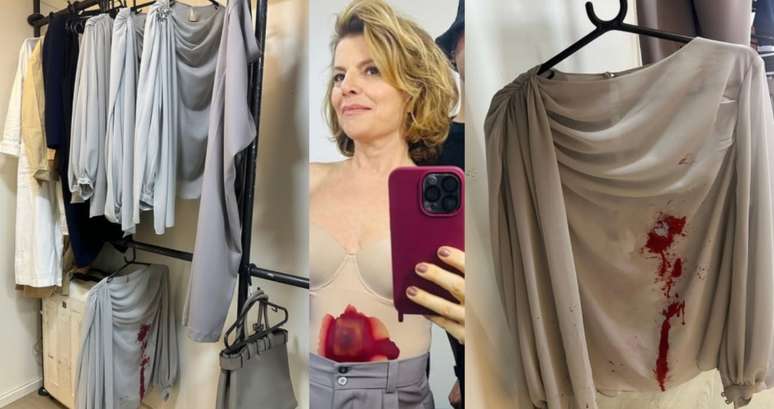 Entre as blusas da personagem, D&eacute;bora Bloch vestindo o 'body' com o detonador de sangue