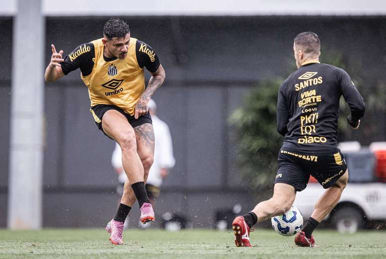 Tiquinho Soares (à esquerda) está suspenso e não enfrenta o Corinthians – Fotos: Raul Baretta/ Santos FC.