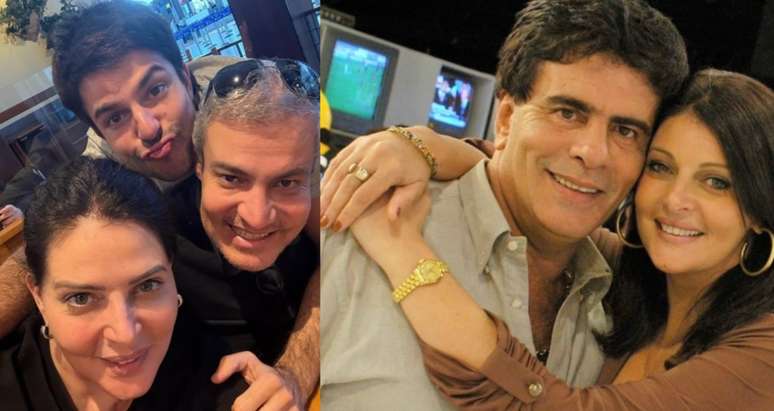 À esquerda, Sônia Lima com o filho, Diego Montez, e o namorado, Flávio Antunes; ao lado, com Wagner Montes, apresentador e galã dos programas de Silvio Santos