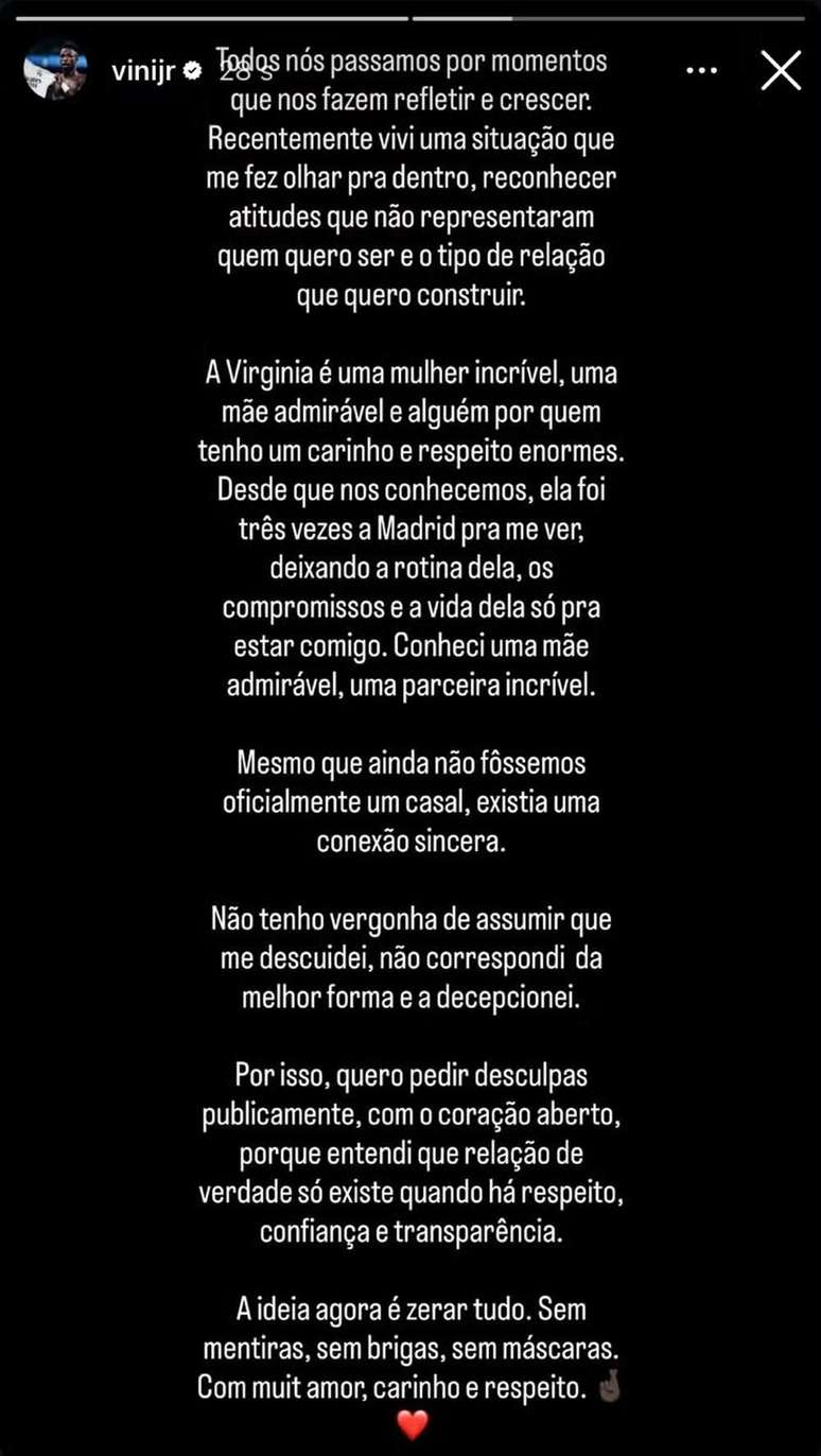 Vini Jr. pediu desculpas a Virginia publicamente após término de romance