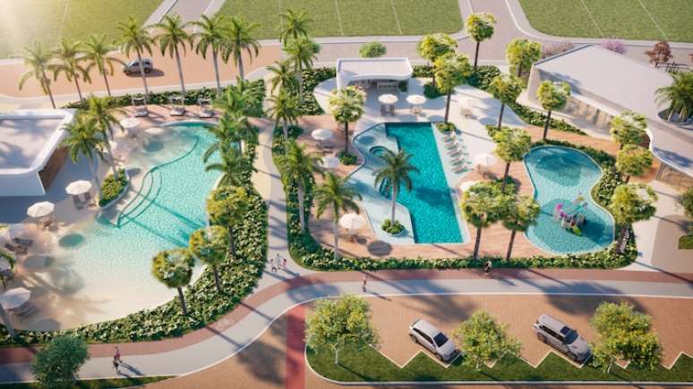 Perspectiva ilustrada do Conviver Costamare, da Conviver Urbanismo, em Parnaíba, no Piauí; projeto de piscina com estilo de praia