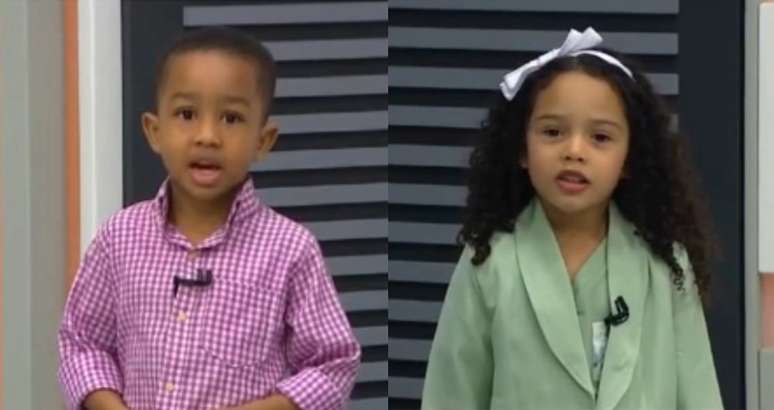Os 'mini' âncoras no início do 'Bahia Meio-Dia': a produção escolheu crianças que se parecem com os titulares do telejornal