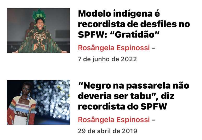 Chamadas das matérias sobre modelos indígena e negra nos desfiles de SPFW em 2022 