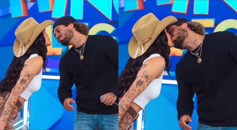 Ana Castela e Zé Felipe deram primeiro beijo em público durante gravação do 'Domingo Legal' no SBT