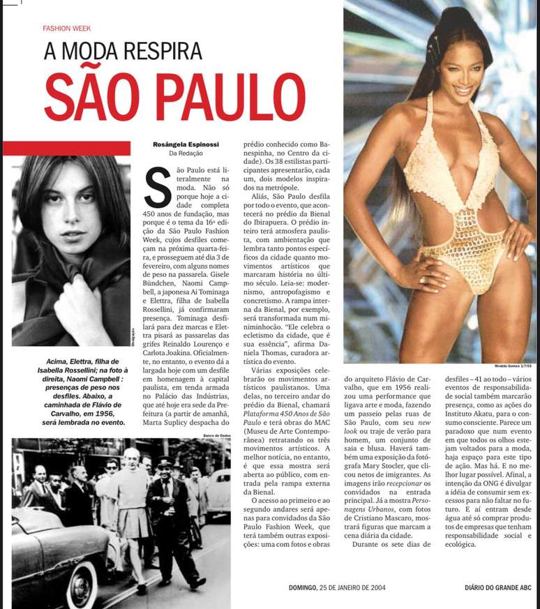 Matéria do DGABC de janeiro de 2004, com Naomi Campell para a Rosa Chá em destaque 