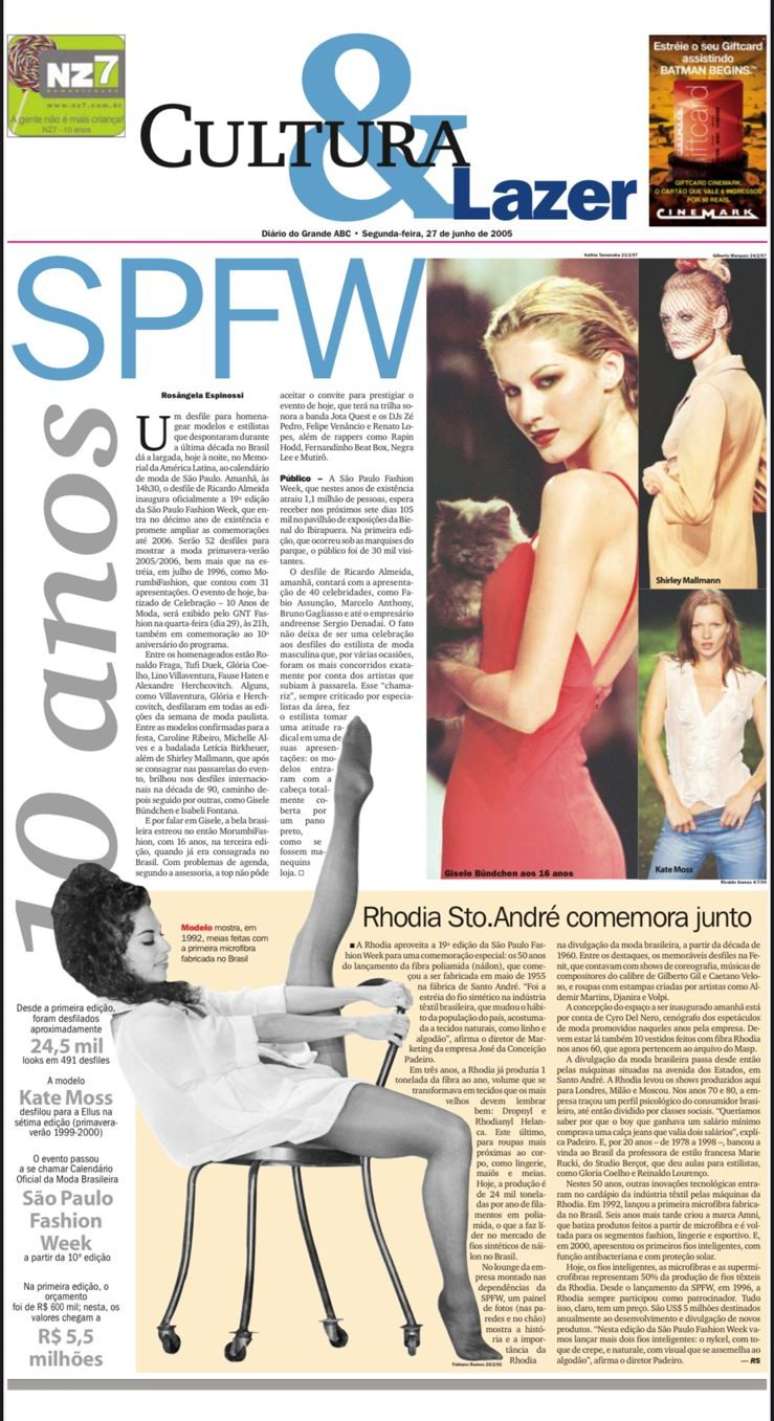 Matéria do DGABC de 2005, em que aparece Gisele. Shirley Mallmann e Kate Moss, em edições passadas do evento 
