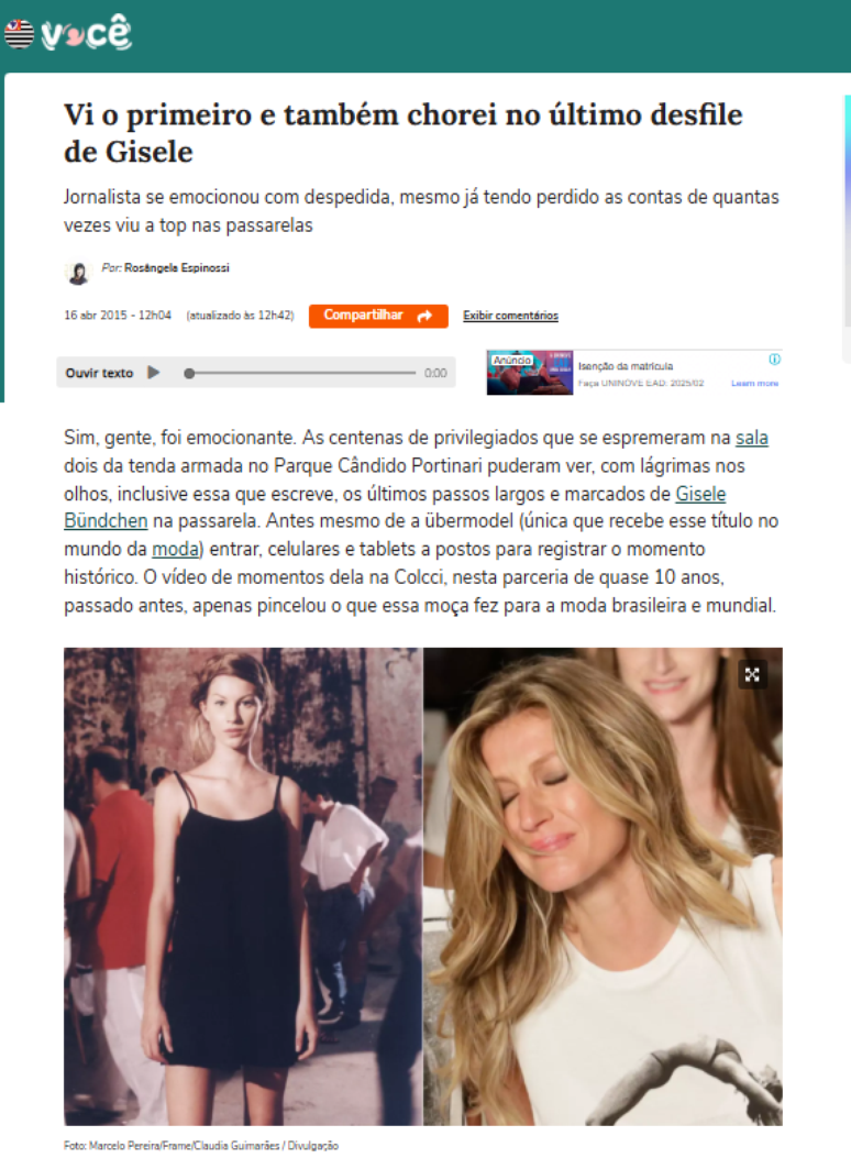 Matéria do último desfile de Gisele Bündchen no SPFW publicada no Portal Terra 