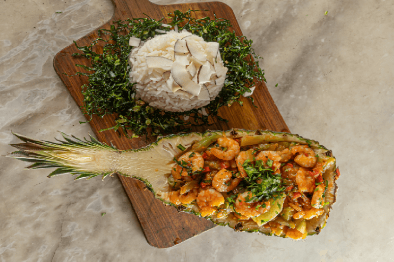 Pineapple shrimp stew with coconut rice and crispy cabbage Pineapple shrimp stew with coconut rice and crispy cabbage
