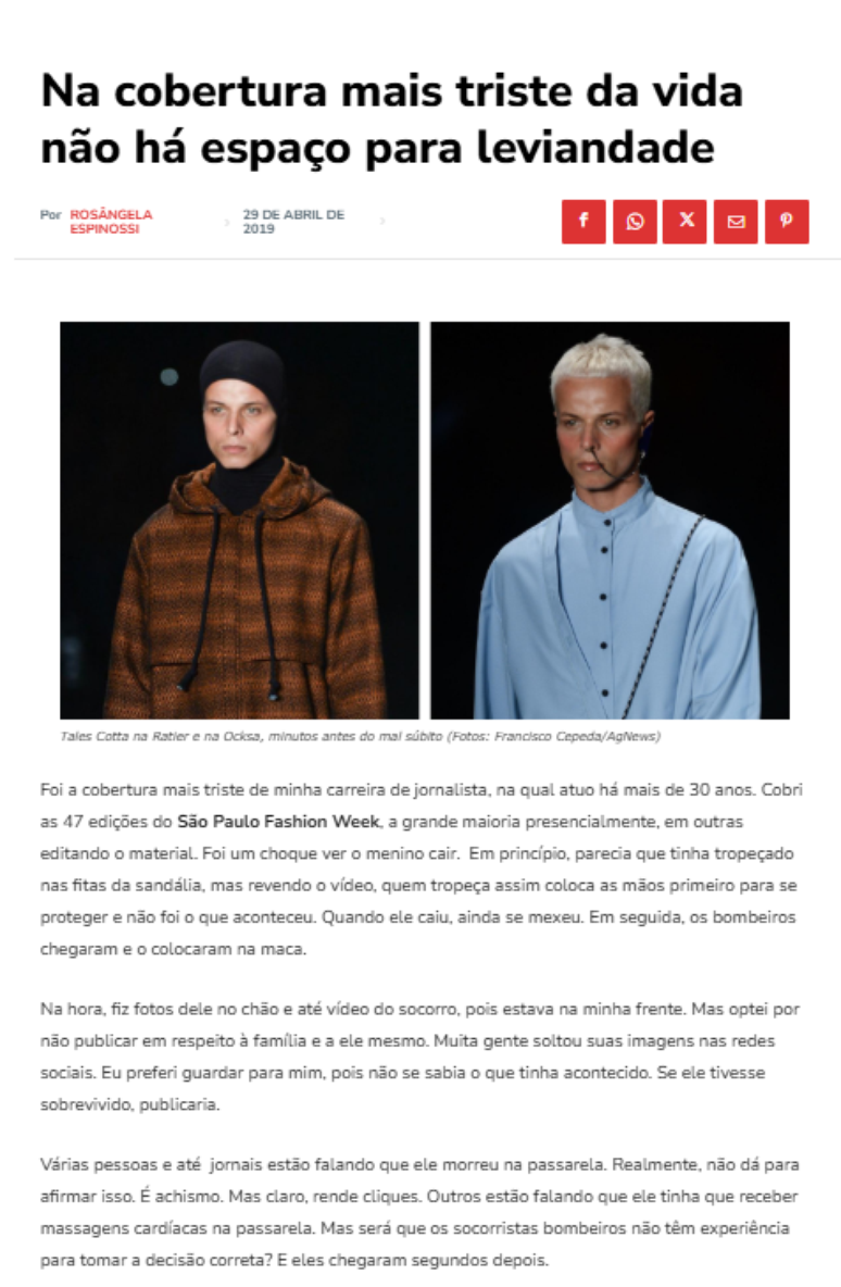 Matéria sobre a morte do modelo Tales Cotta, publicada em abril de 2019 