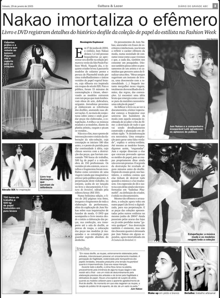 Matéria de 2005 sobre o lançamento do livro “Costura do Invísivel”, de Jun Nakao, no DGABC (Foto; Reprodução)