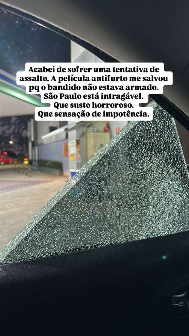 Vidro do carro de M&aacute;rcia Dantas ficou estilha&ccedil;ado ap&oacute;s tentativa de assalto na regi&atilde;o da Bela Vista, em S&atilde;o Paulo