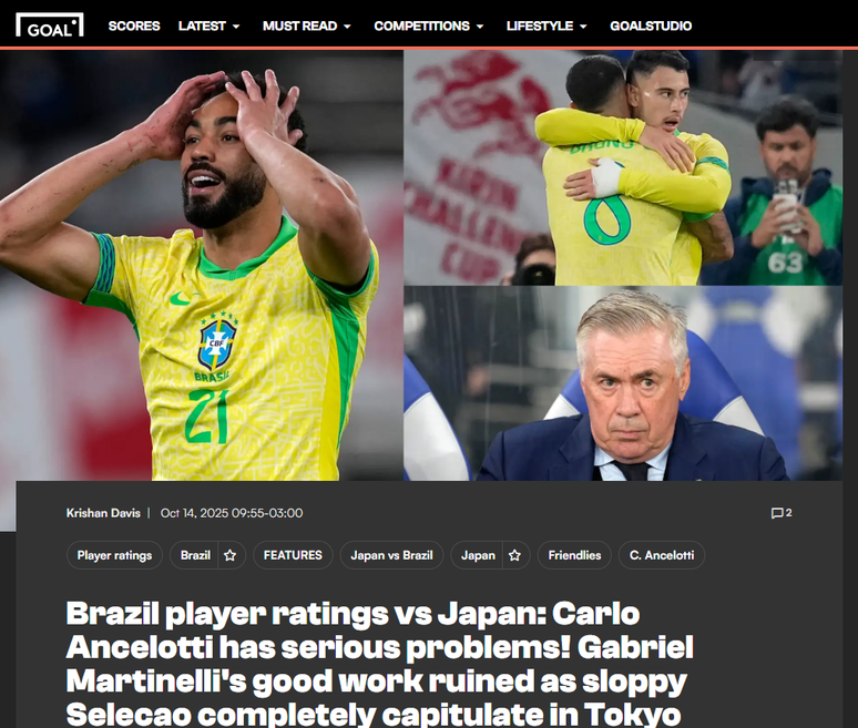 Goal.com repercute derrota do Brasil para o Japão em amistoso em Tóquio