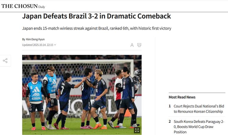 Chosun Ilbo repercute derrota do Brasil para o Japão em amistoso em Tóquio