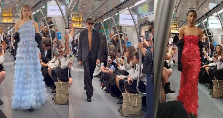 Modelos desfilaram no corredor do trem em movimento: show de moda no ritmo da metrópole