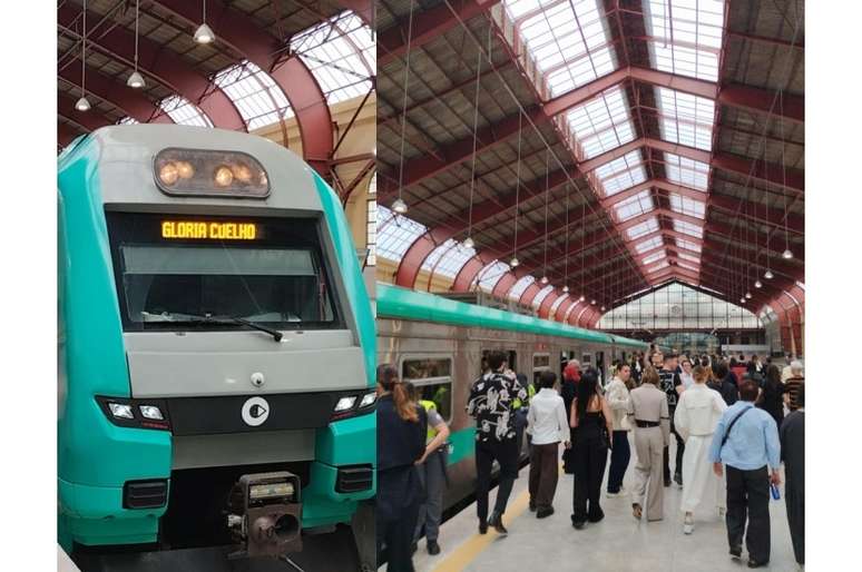 A composição anunciando o desfile de Gloria Coelho no letreiro e a bela estação Júlio Prestes