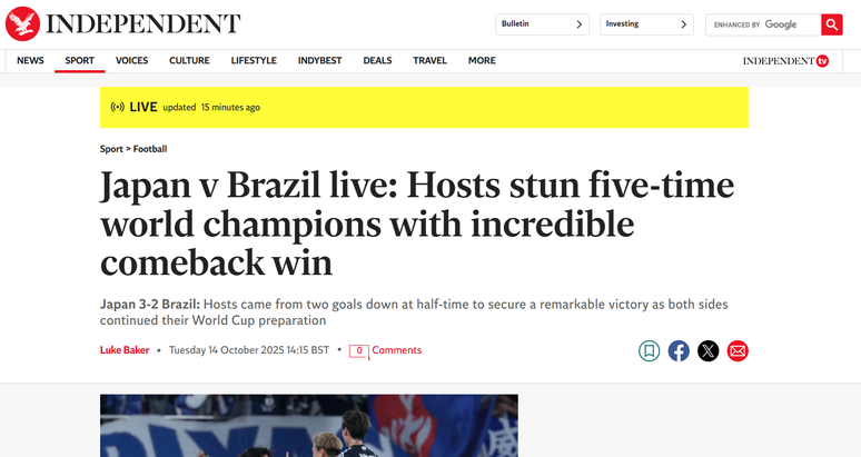The Independent repercute derrota do Brasil para o Japão em amistoso em Tóquio