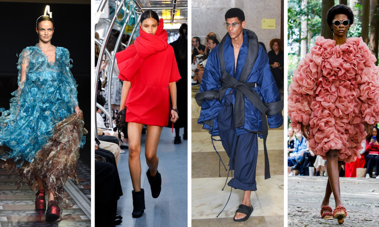 Volumes nos desfiles de Ronaldo Fraga, Gloria Coelho, João Pimenta e Flavia Aranha (Fotos: Agêncisas Brazil e Fotosite)