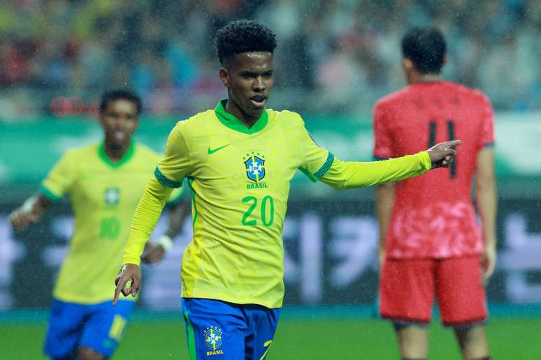 Estêvão celebrates a goal for the Brazilian team Estêvão celebrates a goal for the Brazilian team