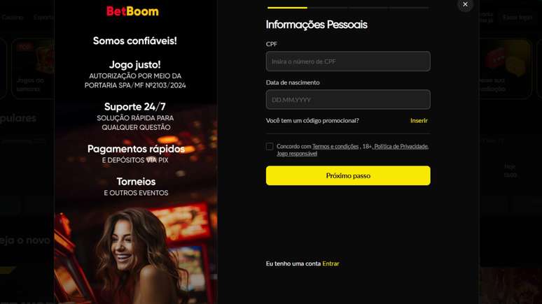 Cadastro na BetBoom é simples e rápido