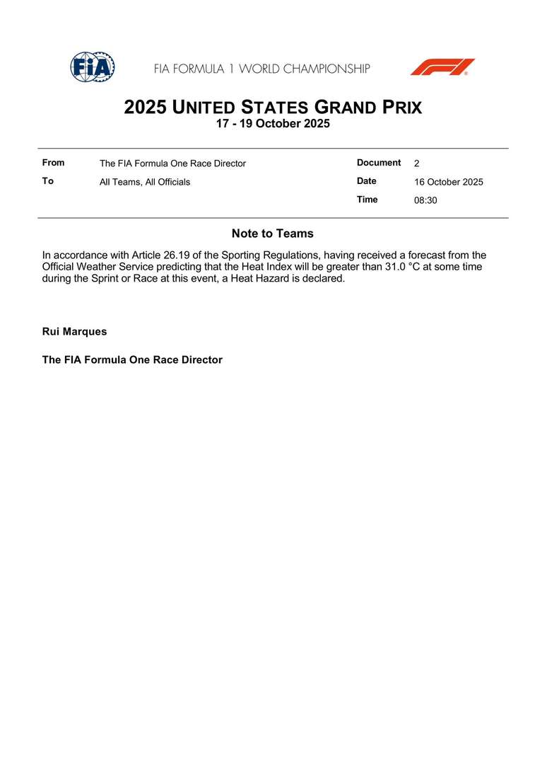  FIA declara risco de calor no GP de Austin