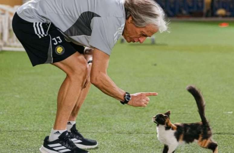 Jorge Jesus brinca com a gatinha que invadiu o treino do Al-Nassr
