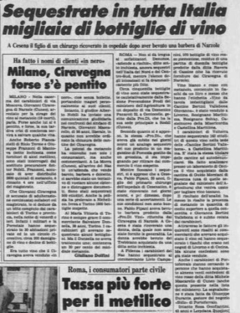 Report from the newspaper La Stampa on the methanol scandal in Italian wines Report from the newspaper La Stampa on the methanol scandal in Italian wines