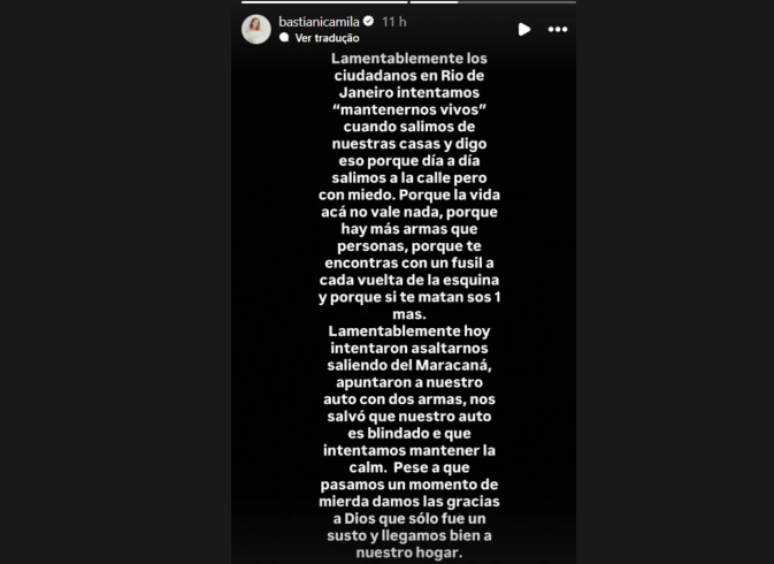 Camila Bastiani desabafou nas redes sociais ap&oacute;s epis&oacute;dio de viol&ecirc;ncia