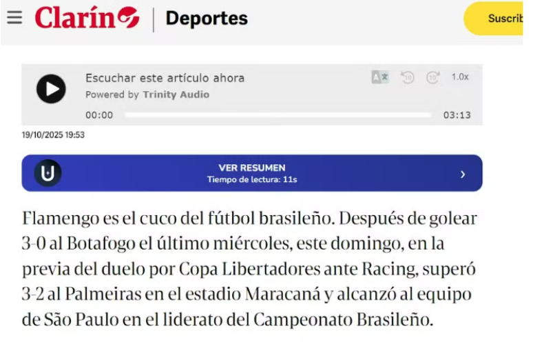 Clar&iacute;n, da Argentina, exaltou o momento do Flamengo