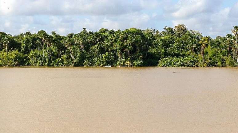 Arquipélago do Bailique, Macapá, Amapá, Brasil. Barco navega junto à margem do rio Amazonas, já muito próximo da sua foz. A região é considerada uma nova fronteira energética, com características geológicas semelhantes às da Guiana.