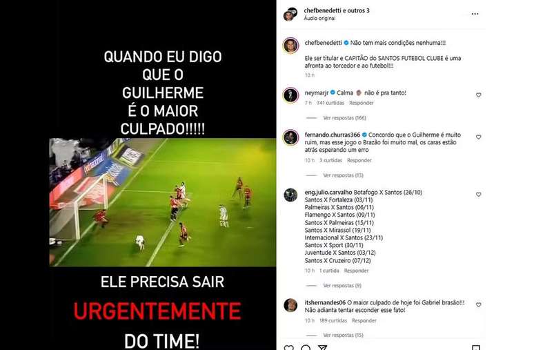 Neymar sai em defesa de Guilherme ap&oacute;s derrota do Santos &ndash;