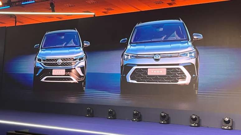 Novo estilo traz um "X" de LED nos far&oacute;is e deixou frente do Taos 2026 mais alta