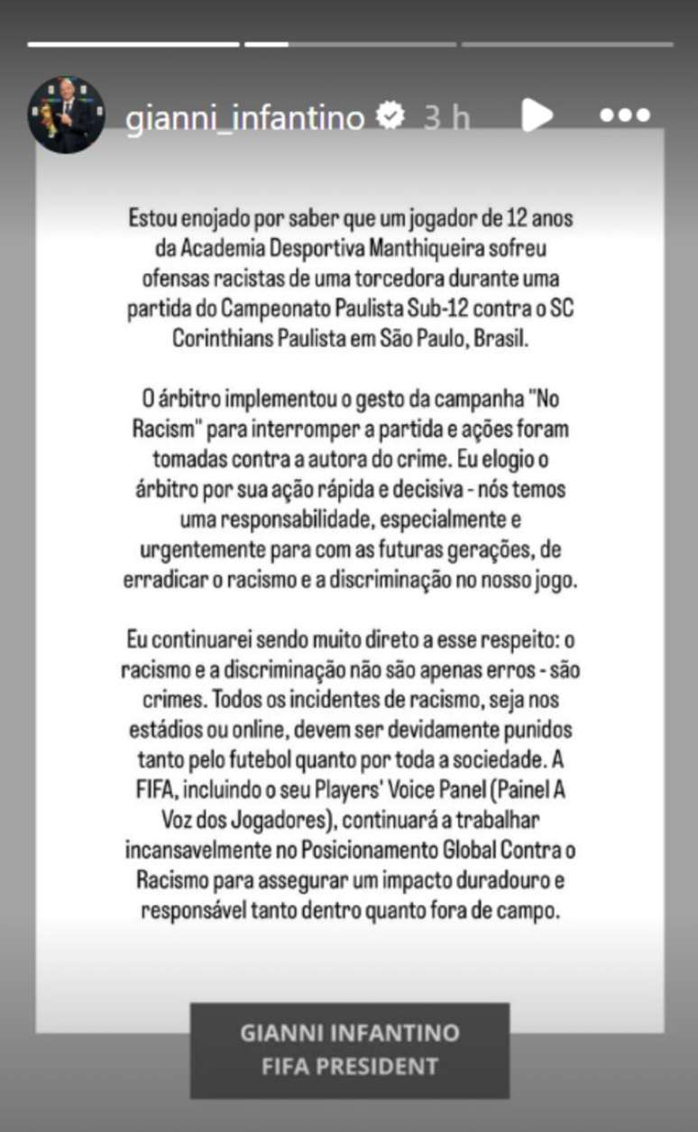 Pronunciamento de Gianni Infantino sobre o recente caso de racismo na partida do Campeonato Paulista Sub-12.
