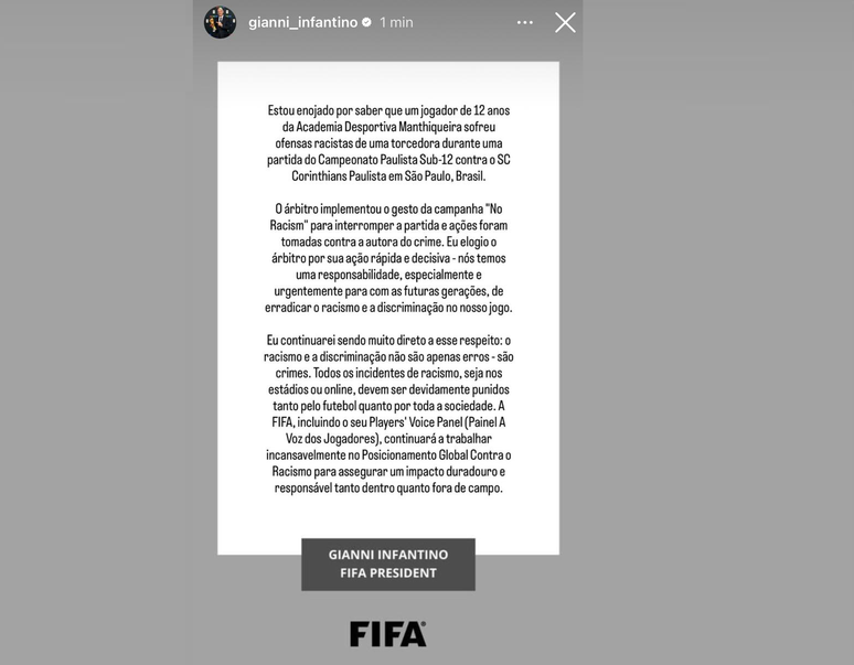 Gianni Infantino, presidente da Fifa, fez postagem em rede social