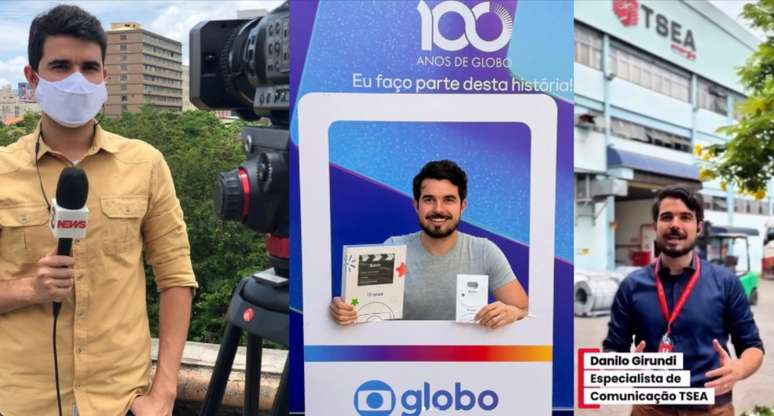 O repórter trabalhando na pandemia, numa homenagem na Globo e em vídeo no novo emprego