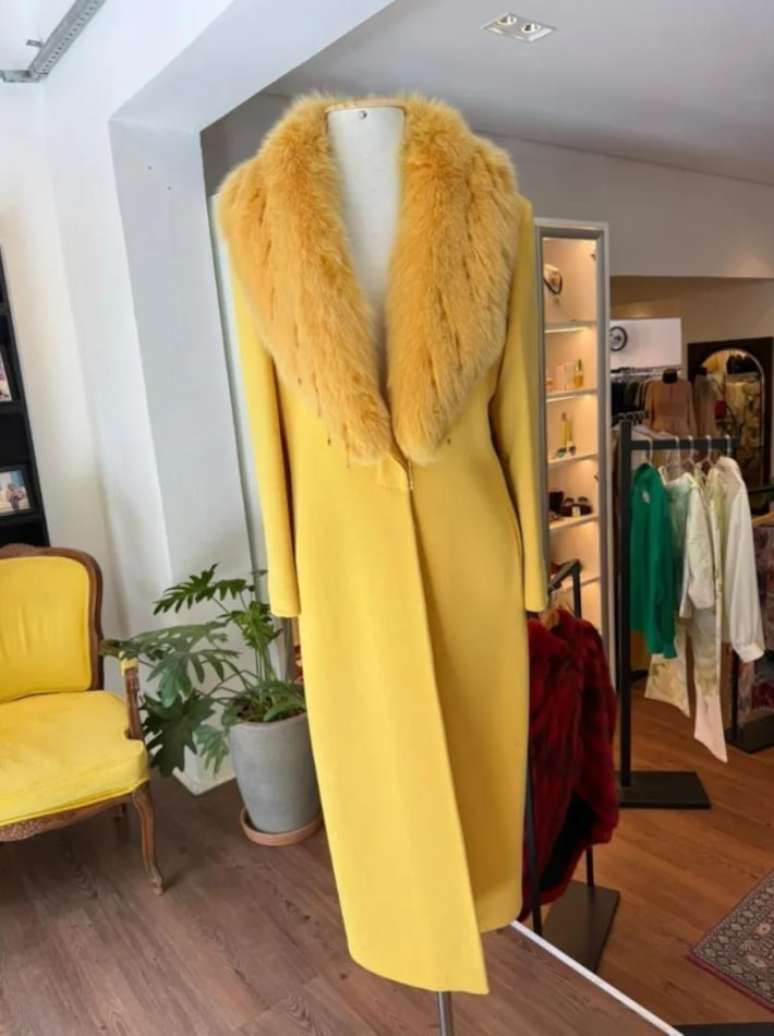 Among the items on sale is this long tailored coat with fur collar that belonged to the presenter Hebe Camargo Among the items on sale is this long tailored coat with fur collar that belonged to the presenter Hebe Camargo
