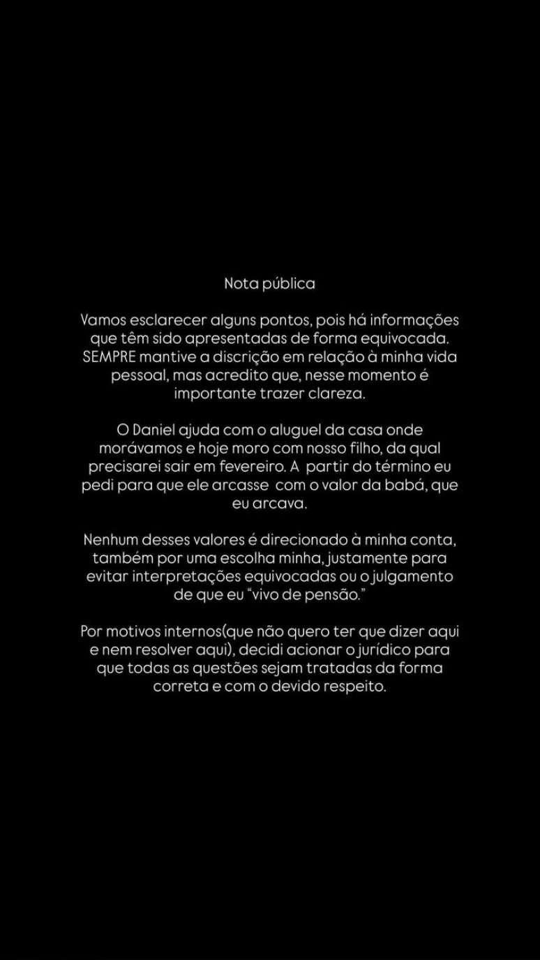 Nota publicada por Lorena Maria sobre pol&ecirc;mica de pens&atilde;o do filho com MC Daniel