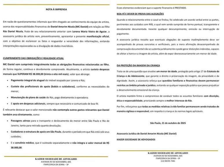 Equipe jur&iacute;dica de MC Daniel se manifestou sobre rumores de falta de pagamento da pens&atilde;o de R&aacute;s