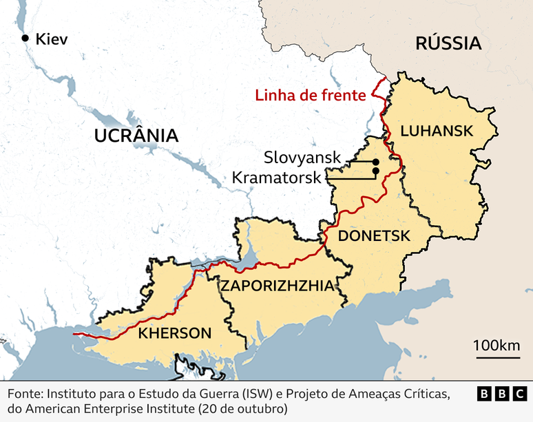 Mapa do leste da Ucr&acirc;nia mostra a linha de frente cortando quatro regi&otilde;es.