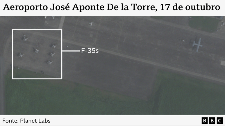 Imagem de sat&eacute;lite mostrando avi&otilde;es F-35 dos EUA na pista