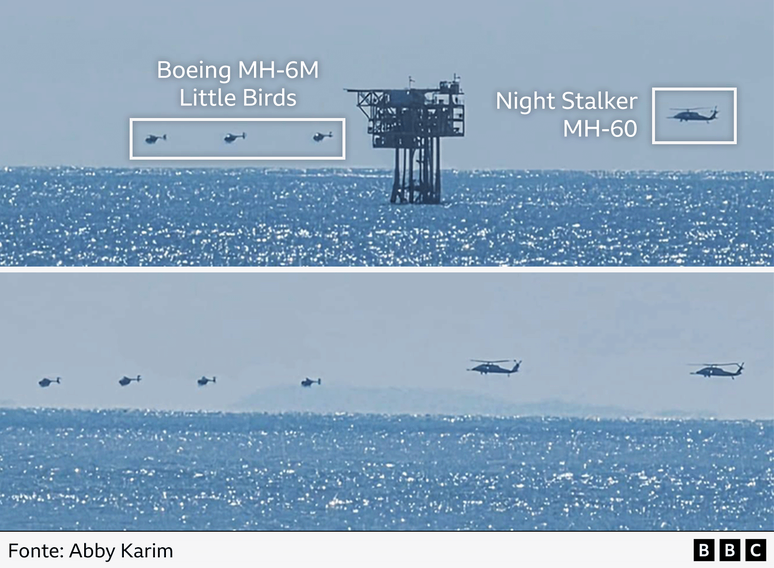 Duas imagens mostram helic&oacute;pteros voando baixo sobre o mar. A imagem superior identificou os helic&oacute;pteros menores como Boeing MH-6Ms, enquanto o helic&oacute;ptero maior &eacute; identificado como um MH-60.