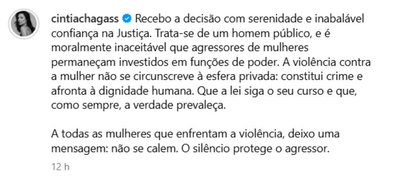Cintia Chagas manda mensagem a v&iacute;timas de viol&ecirc;ncia e incentiva den&uacute;ncias: 'O sil&ecirc;ncio protege o agressor'