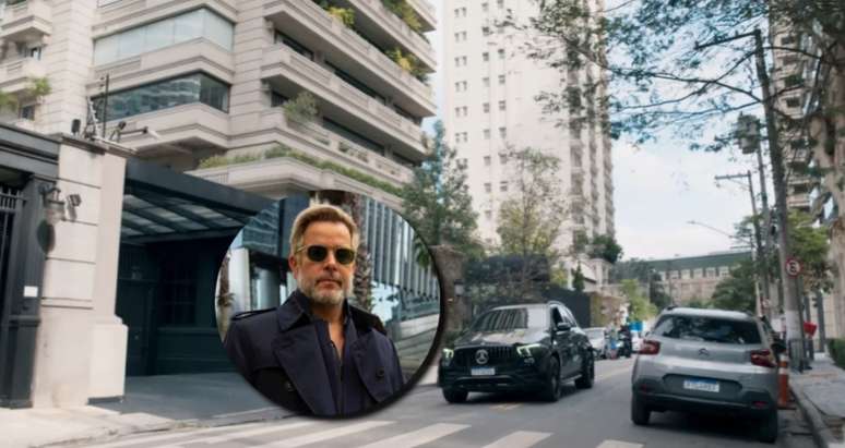 Em cena de 'Três Graças', o carro importado de Santiago Ferette (Murilo Benício) na rua Frederic Chopin, no Jardim Europa